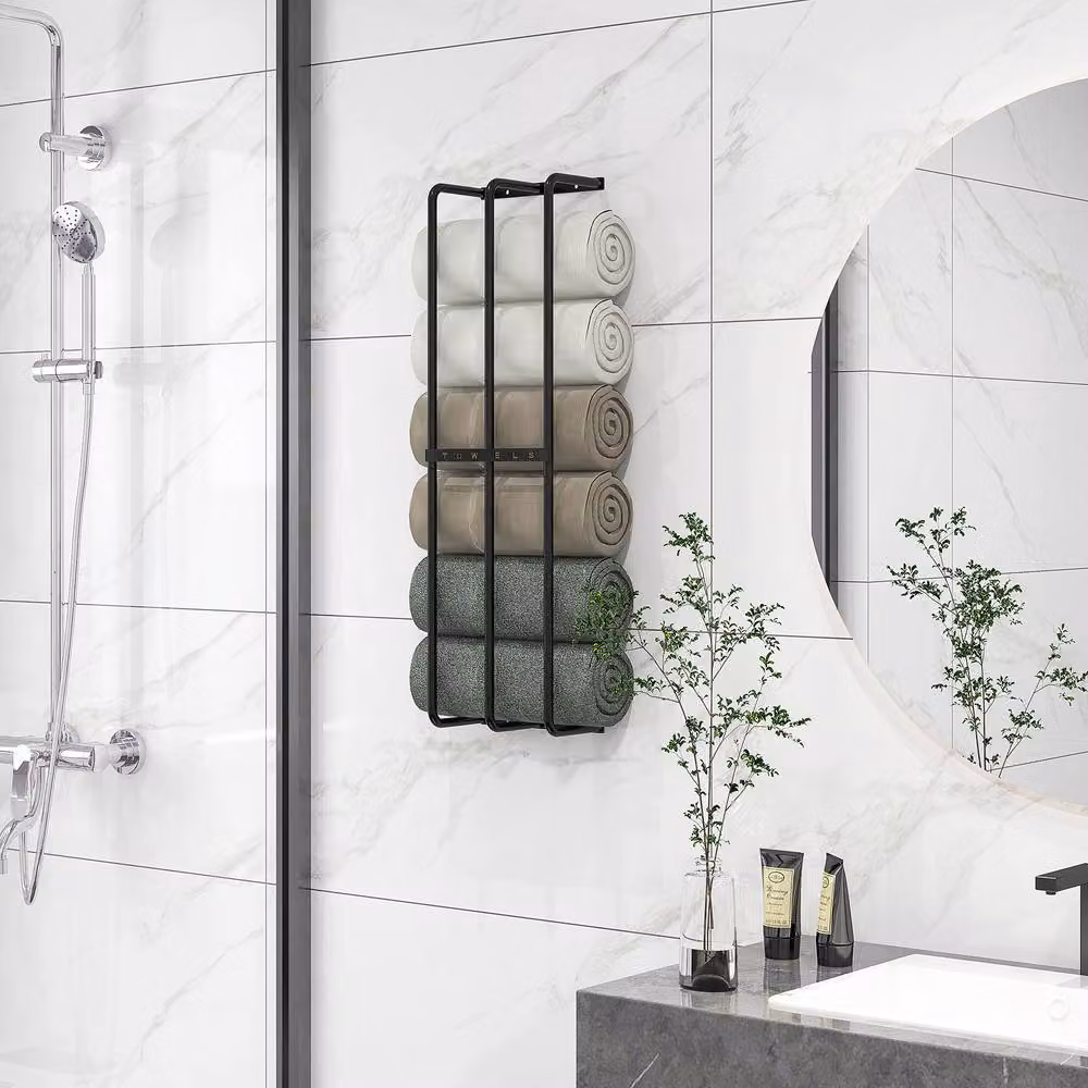 STILVORA Wall-Mounted Metal Towel Holder with 6-Towel Storage in Black – 2