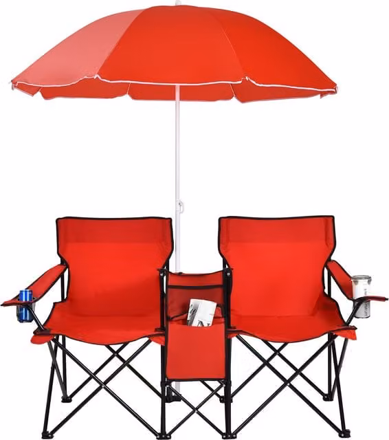 Costway Folding Loveseat Camping Chair in Red with Armrests