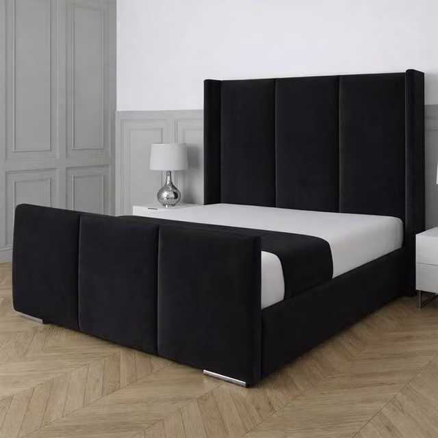UK Bed Furniture Miami Wingback Upholstered Velvet Bed in Black, Size: 90 x 190 cm – 1