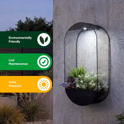 Gardenwize Oval Solar Wall Planter with Warm White LED Light, Black Metal – 5