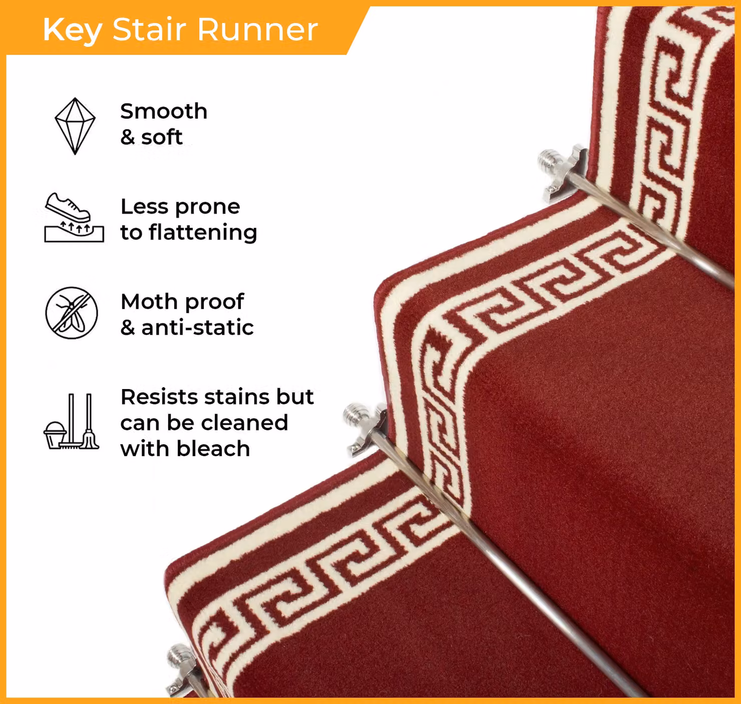 runrug Key Red Machine Woven Stair Runner, W: 80 cm, L: 570 cm – 5
