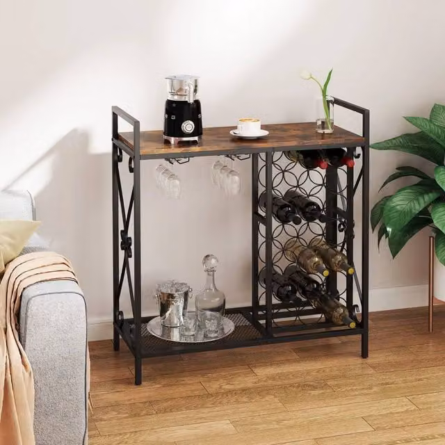 KORVIXA Rustic Brown Metal and Wood Kitchen Liquor Stand with Storage Shelf, W/D/H: 100 x 100 cm – 1