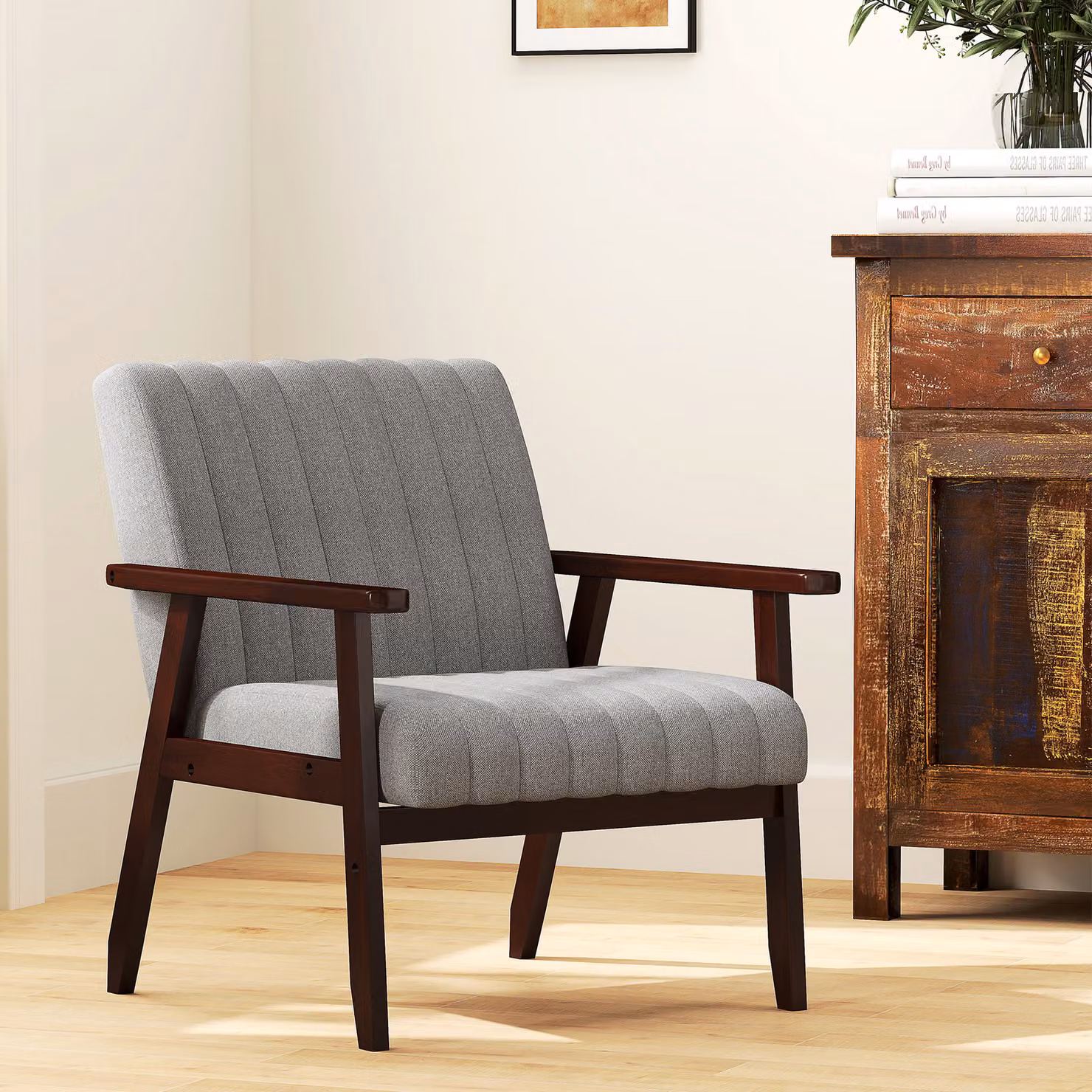 HOMCOM Modern Grey Fabric Accent Armchair with Tufted Pattern and Rubberwood Legs – 7
