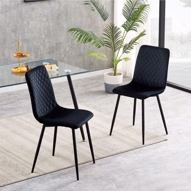 MCC Direct Lexi Set of 2 Black Velvet Fabric Upholstered Dining Chairs with Metal Frame