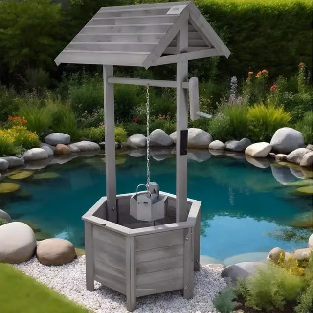 Gr8 Garden Grey Wooden Wishing Well Bucket Planter Tub