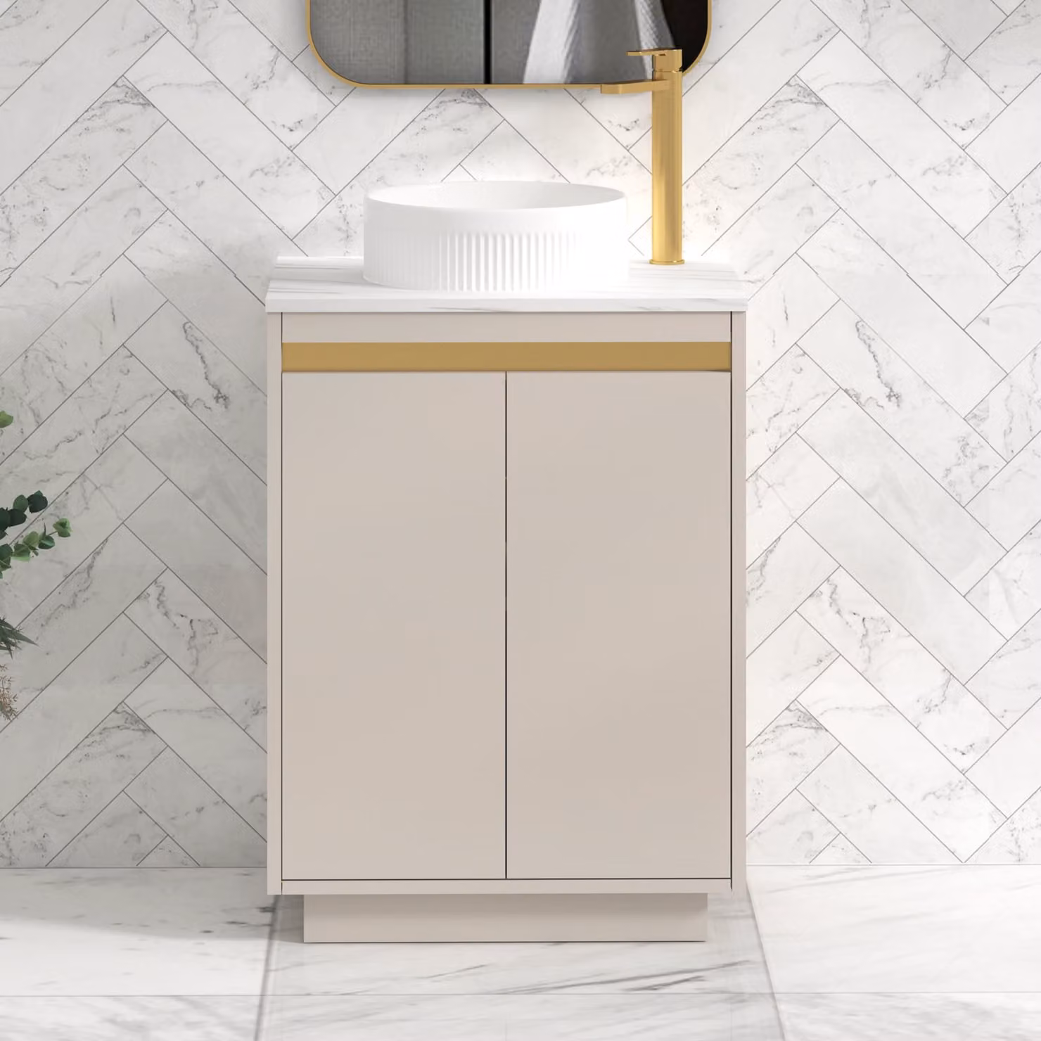 Royal Bathrooms Orion 800mm Warm Taupe Floor Standing Countertop Vanity Unit with 2 Soft Close Doors, Round Basin and Brushed Brass Accent Trim