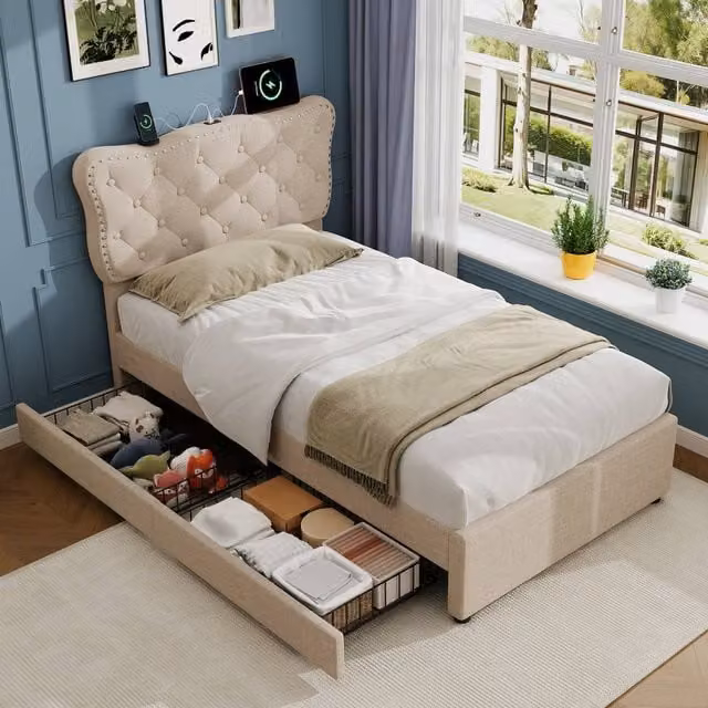 Matteo Single Upholstered Bed Frame with Storage Drawers and USB Charging Port in Beige