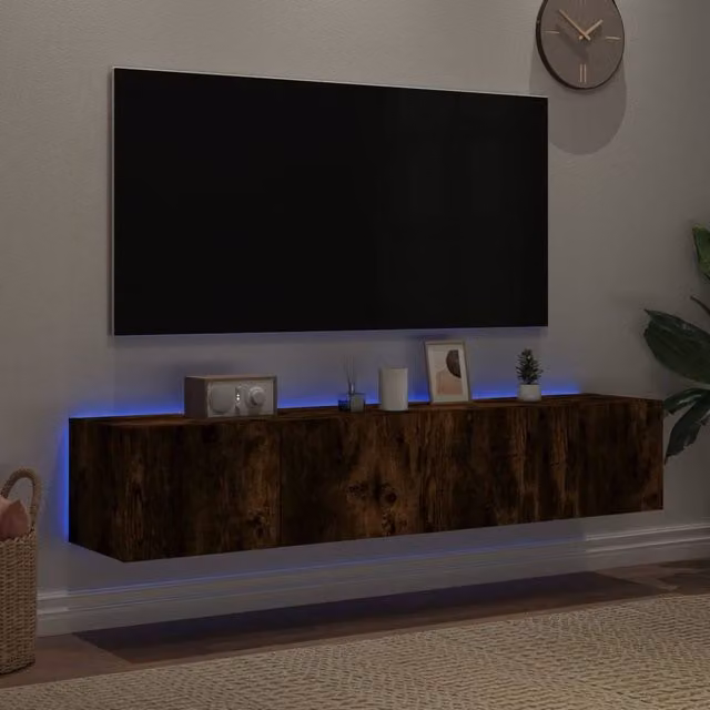 Berkfield Home Set of 2 Modern TV Wall Cabinets with LED Lights in Smoked Oak Brown, W/D/H: 80 x 35 x 31 cm – 1