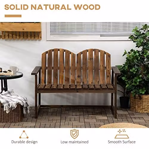 Outsunny Two Seater Wooden Garden Bench with Backrest in Brown Carbonised Finish – 5