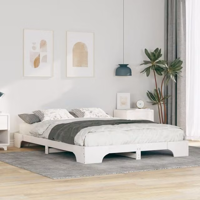 Berkfield Home Floor Bed Frame with Lift Up Storage in White Solid Pine Wood W: 140 cm, D: 220 cm
