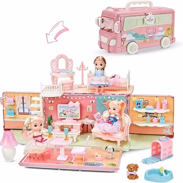 Pink Portable Dollhouse Caravan Camper Bus Toy