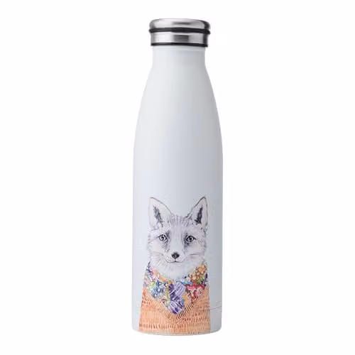 Mikasa Tipperleyhill Vacuum Insulated Stainless Steel Water Bottle with Fox Illustration, White and Multicolour, 500ml
