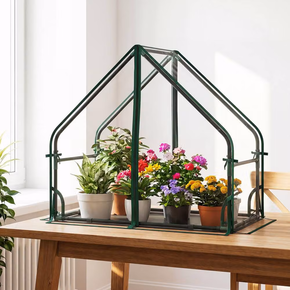 Costway Portable Mini Greenhouse with Ground Stakes and Bottom Mat, Transparent Green, W/D/H: 92 x 85 x 50 cm – 5