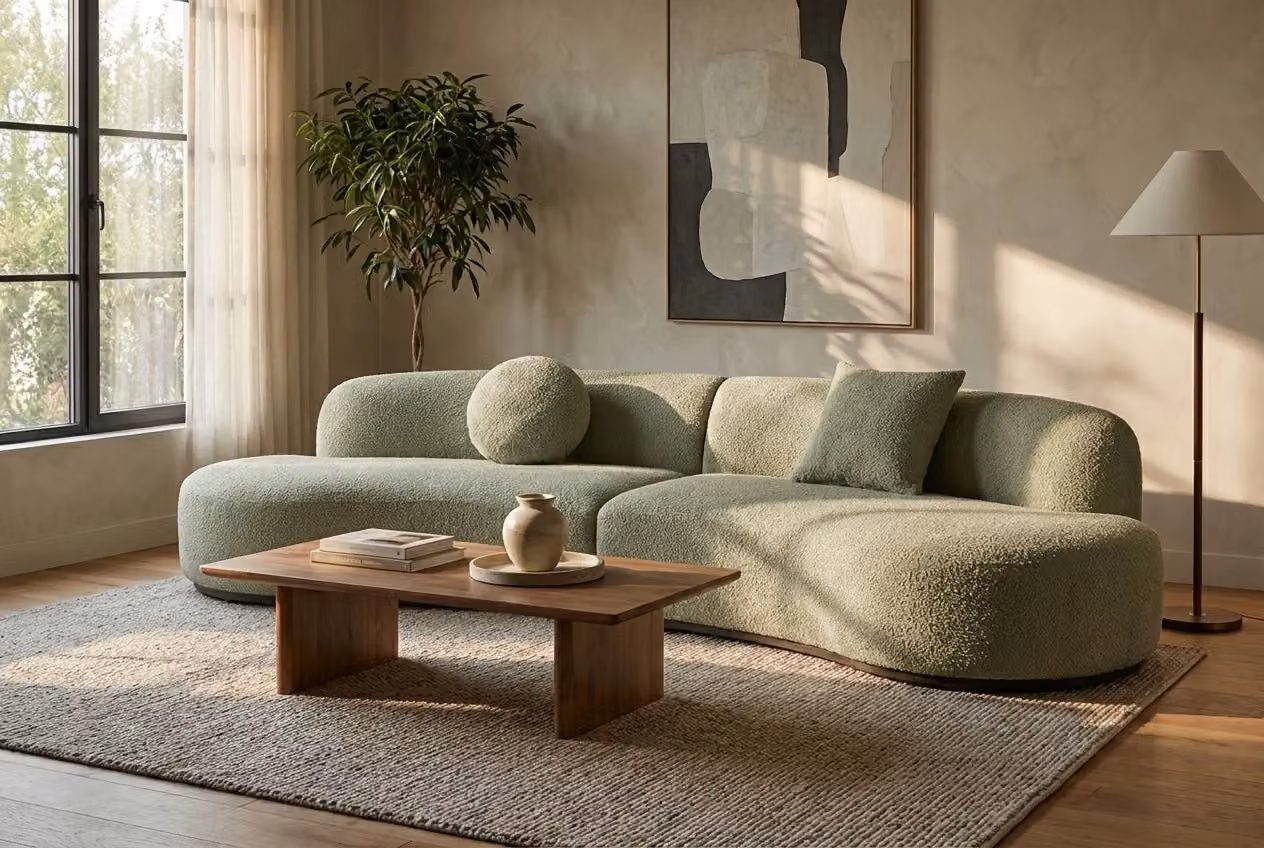 Araco Atelier Coco 4 Seater Upholstered Bouclé Sofa in Beige and Green