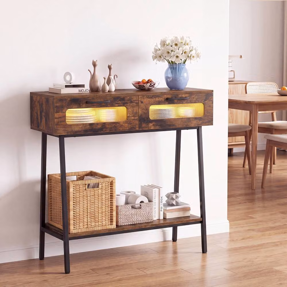 Gymax Rustic Brown Farmhouse Console Table with Colourful LED Lights – 3
