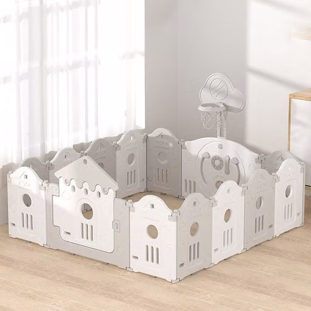 Livingandhome Foldable and Configurable Baby Playpen with Hoop Playmat in Grey and White