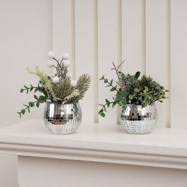 Scottish Everlastings Ltd Set of 2 Silver Mirrorball Christmas Potted Plants for Tabletop Decoration