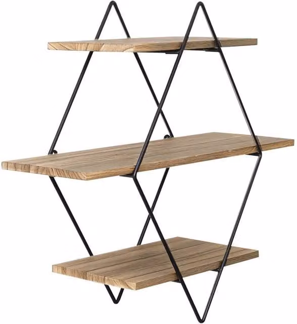 FLAVORA 3 Tier Rustic Wood and Metal Geometric Wall Mounted Shelves, Brown/Multicolour, W/D/H: 100 x 15 x 15 cm – 1