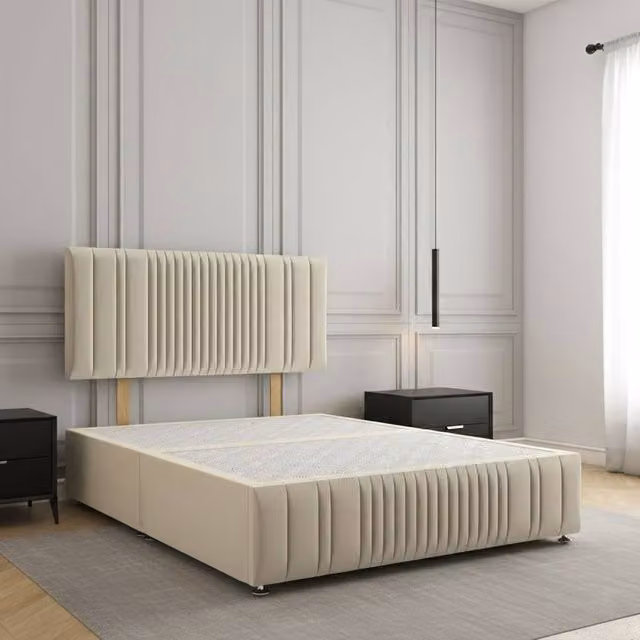 REGIONAL FURNISHINGS Plush Velvet Divan Bed with 24 inch Headboard and Footboard in Beige, Size: King (W/D: 180 x 200 cm)