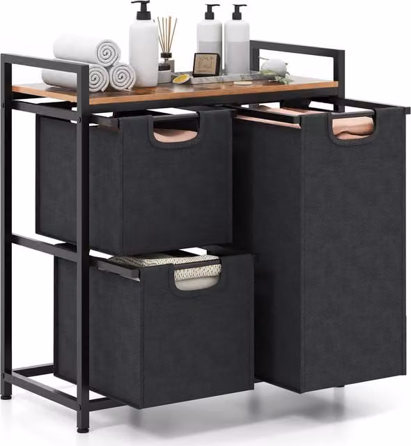 Costway Freestanding Laundry Hamper with 3 Fabric Baskets in Black
