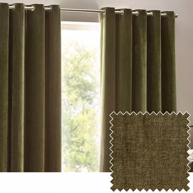 Make It A Home Green Chenille Velvet Room Darkening Eyelet Curtains, Width: 137 cm, Height: 117 cm