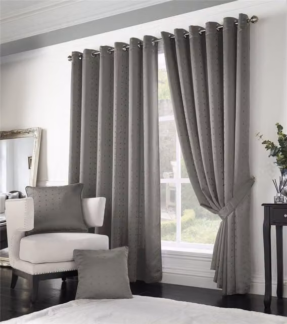Luxury Living Adi Lined Silver Dotted Ring Top Eyelet Curtains, Width: 168 cm, Drop: 183 cm – 1