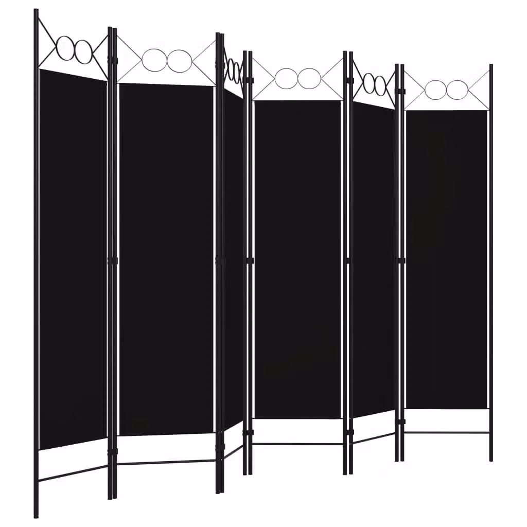 Berkfield Home 6-Panel Black Metal and Fabric Room Divider, H 180 cm x W 240 cm – 3