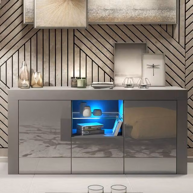 Creative Furniture Aurora Sideboard in Dark Grey with Glossy Doors and Integrated LED Lighting, W: 145 cm, H: 70 cm, D: 35 cm