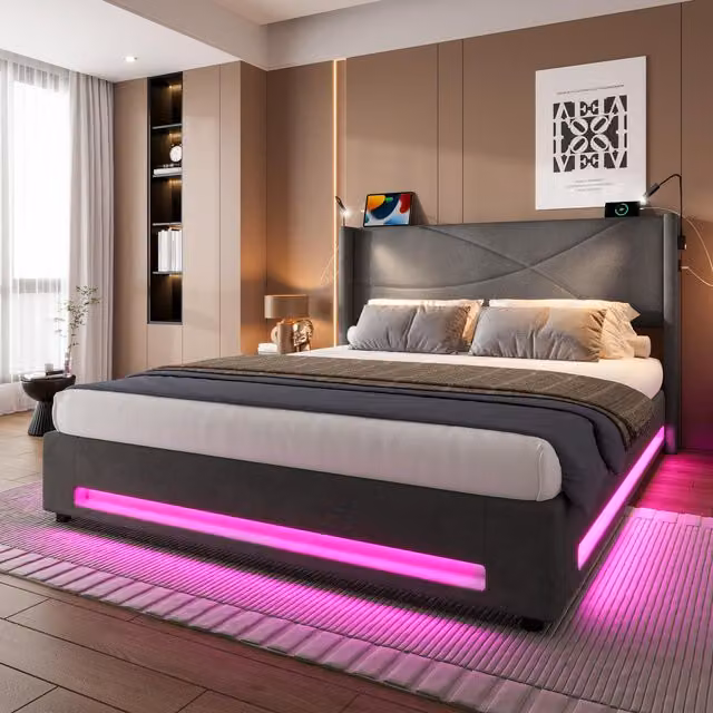 Aosom UK Modern Platform Bed with Hydraulic Lift System, Dark Grey Velvet Upholstered Bed Frame with Integrated Reading Lamps and USB Ports, W/D/H: 157 x 209 x 106 cm