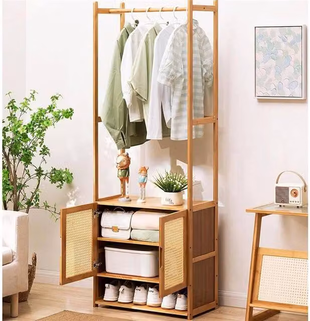 Kelvenix Tall Bamboo Clothes Rack and Hanging Rail in Brown – 1