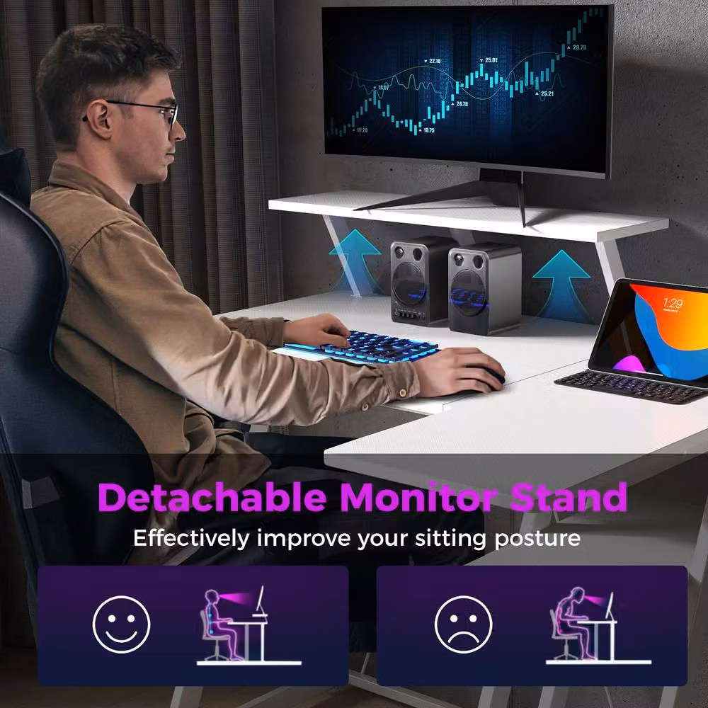 Gymax Corner Gamer Desk with Monitor Shelf and USB Ports, White – 4