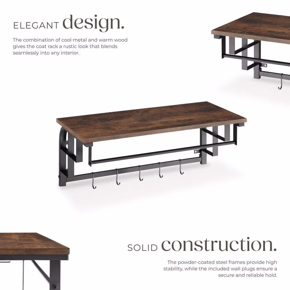 tectake Westwood Industrial Hall Tree with Bench and Dual Hook and Rail Matrix in Dark Brown and Black – 3