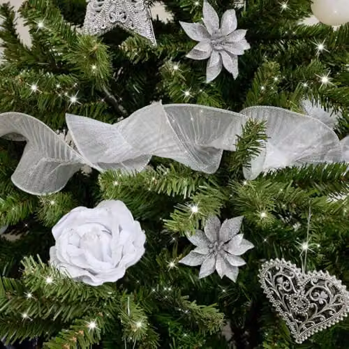 Melody Maison Silver Sparkle Ruffle Christmas Tree Ribbon, 270cm