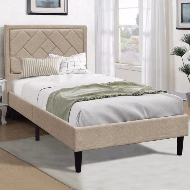 Comfy Living Minimalist Upholstered Bed Frame with Geometric Padded Headboard in Grey and Beige