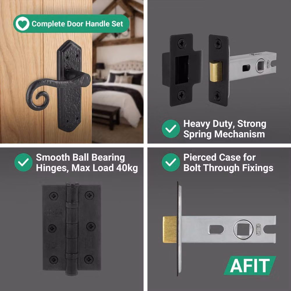 AFIT Black Antique Cast Iron Curly Tail Door Handles with 76mm Latch and Hinges, W x H: 150 x 150 mm – 4