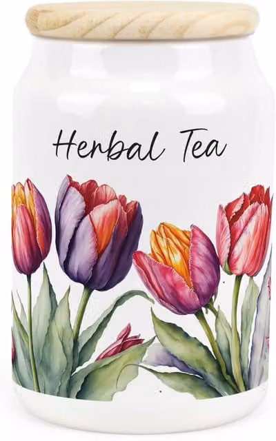 Purely Home Floral Tulips Ceramic Herbal Tea Storage Canister in Purple and White