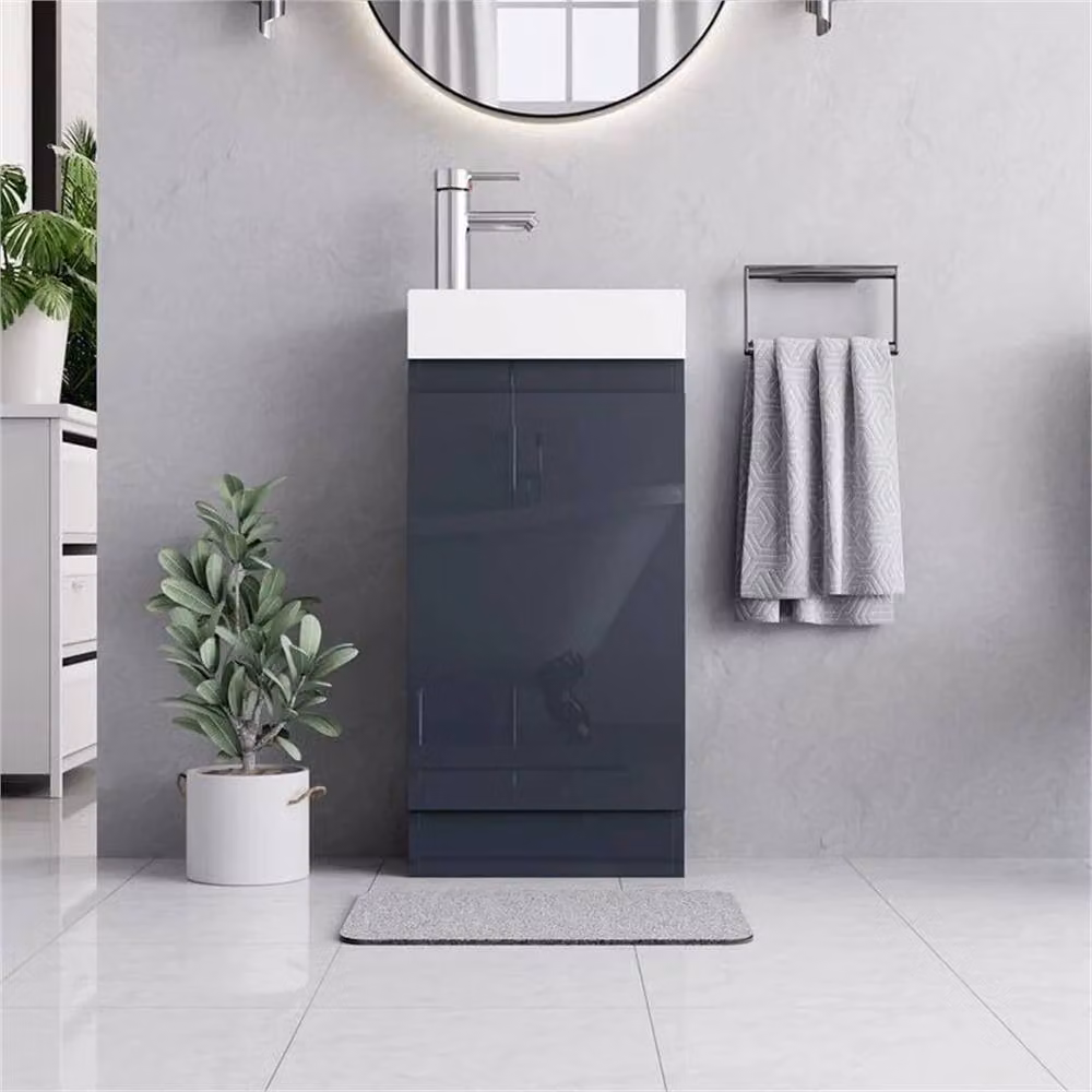 FORGEVIO Denvor Grey Freestanding Bathroom Vanity Unit with Glossy Finish and Internal Shelves – 4