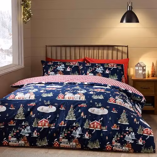 Catherine Lansfield Christmas Ski Village Reversible Double Duvet Cover and Pillowcase Set in Blue, W/D/H: 200 x 200 cm – 1