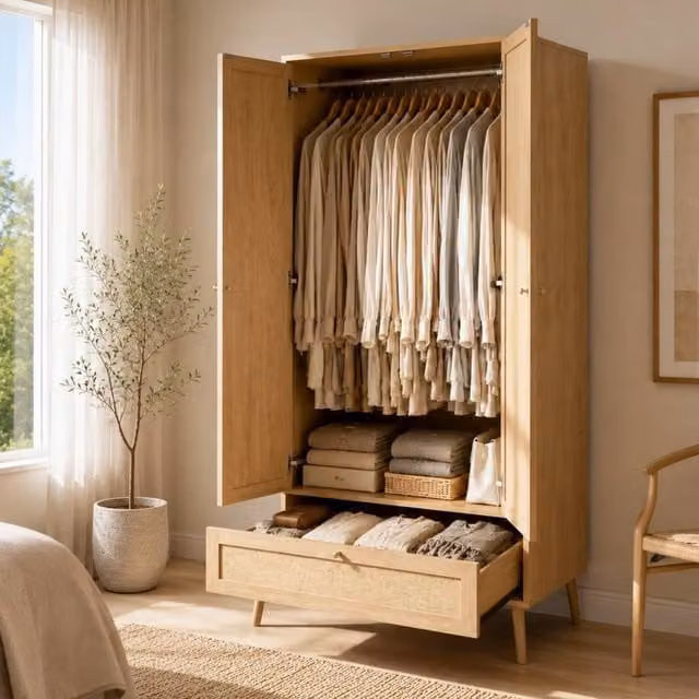 Merax Natural Oak 2 Door Double Wardrobe with Rattan Effect and Integrated Drawers, W: 80 cm, D: 55 cm, H: 180 cm – 1