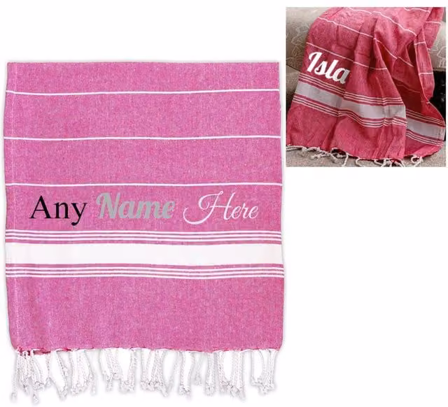 Uniqueful Personalised Pink Turkish Style Cotton Towel with Striped Embroidery, W/H: 170 x 90 cm