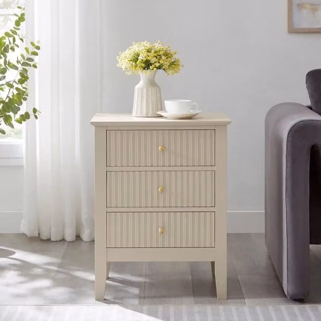 Melody Maison 3 Drawer Bedside Table in Taupe, Black, Gold and Beige