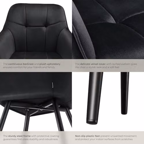 tectake Marilyn Dining Chair with Velvet-Look Fabric and Geometric Pattern in Black – 6