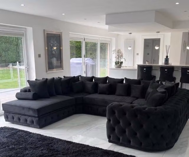HOB Furniture Royal Surrey U-Shape Chaise Sofa in Black Velvet with Matching Ottoman and Scatter Cushions