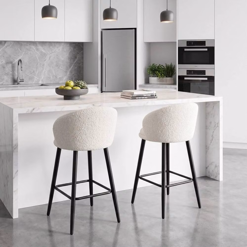 Kelvenix Set of 2 Modern Sherpa Fleece Upholstered Bar Stools in Beige and White with Metal Frames – 3