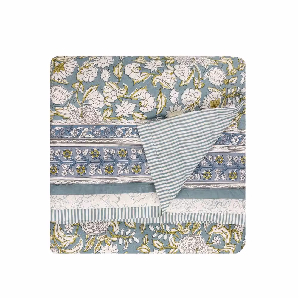 Wylder Annabelle Blue Floral Reversible Quilted Cotton Bedspread – 3