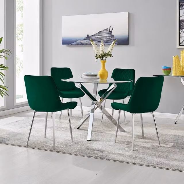 FurnitureboxUK Selina Round Glass Dining Table and Four Green Mid-Century Chairs with Silver Metal Legs