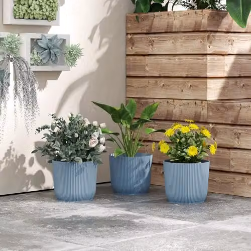 Outsunny Set of 3 Blue Plastic Round Plant Pots and Planters for Indoor or Outdoor Garden Use, Diameter: 22 cm – 5