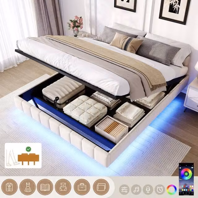 Matteo Double Floating Bed Frame in Beige with Hydraulic Storage and Under-Bed LED Lighting – 1