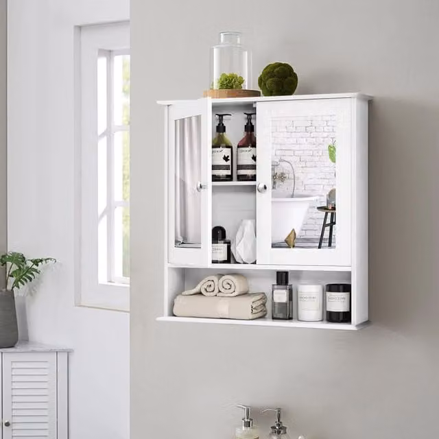 Livingandhome Modern White Wall Mounted Bathroom Cabinet with Double Mirror Glass Doors and Internal Shelves, Width: 56 cm