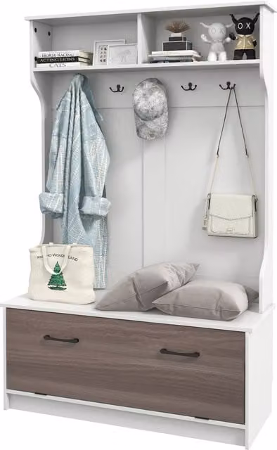 COSTWAY Modern Hall Tree with Bench and Coat Rack in White